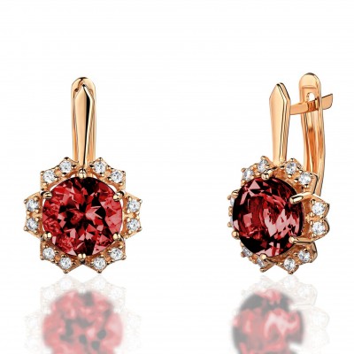 Серьги с гранатом и  фианитом из красного золота 585 пробы фото