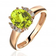 Кольцо с фианитом и хризолитом из красного золота 585 пробы фото