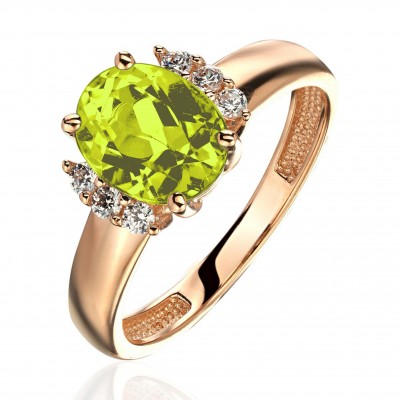 Кольцо с фианитом и хризолитом из красного золота 585 пробы фото