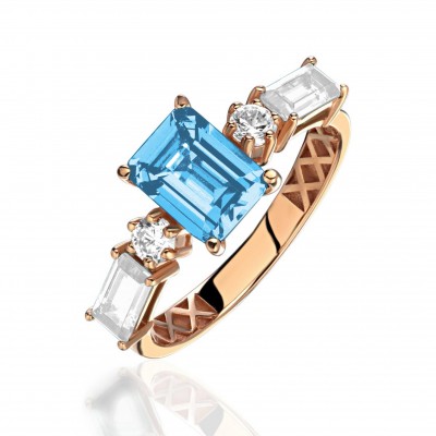 Кольцо с топазом и  фианитом из красного золота 585 пробы фото