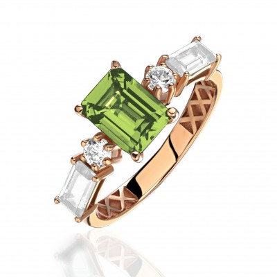 Кольцо с фианитом, хризолитом и  фианитом из красного золота 585 пробы фото