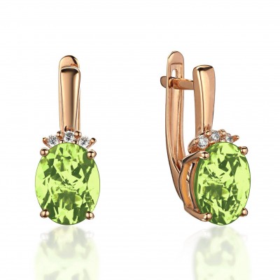 Серьги с фианитом и хризолитом из красного золота 585 пробы фото