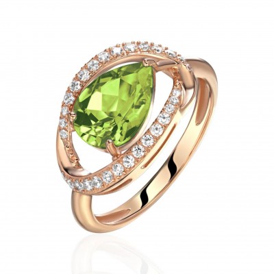 Кольцо с фианитом, хризолитом и  фианитом из красного золота 585 пробы фото