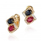 Серьги с бриллиантом, сапфиром и рубином из желтого золота 750 пробы