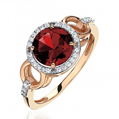 Кольцо с гранатом и  фианитом из красного золота 585 пробы фото