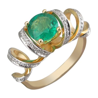 Кольцо с бриллиантом и изумрудом из желтого золота 750 пробы фото