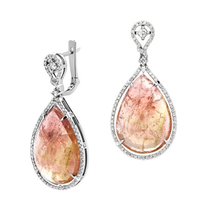 Серьги с бриллиантом и турмалином из белого золота 585 пробы фото