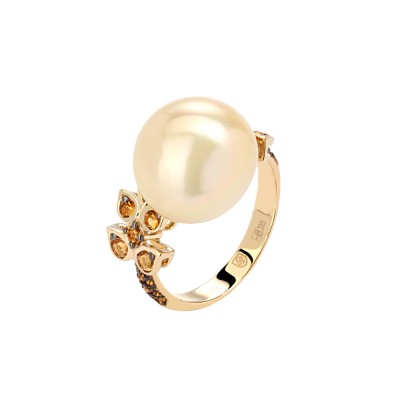 Кольцо с жемчугом и цитрином из желтого золота 585 пробы фото