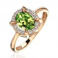 Кольцо с фианитом и хризолитом из красного золота 585 пробы фото