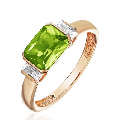 Кольцо с фианитом и хризолитом из красного золота 585 пробы фото