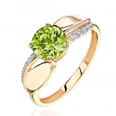 Кольцо с фианитом и хризолитом из красного золота 585 пробы фото