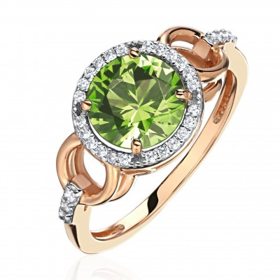 Кольцо с фианитом, хризолитом и  фианитом из красного золота 585 пробы фото