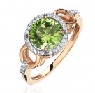 Кольцо с фианитом, хризолитом и  фианитом из красного золота 585 пробы