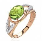 Кольцо с фианитом, хризолитом и  фианитом из красного золота 585 пробы