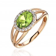 Кольцо с фианитом и хризолитом из красного золота 585 пробы фото