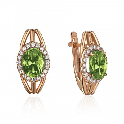 Серьги с фианитом и хризолитом из красного золота 585 пробы фото