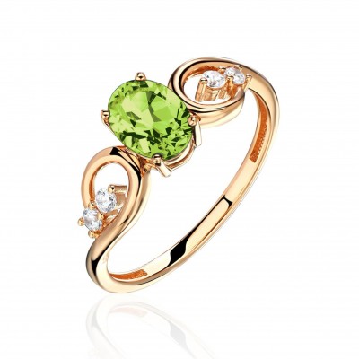 Кольцо с фианитом и хризолитом из красного золота 585 пробы фото