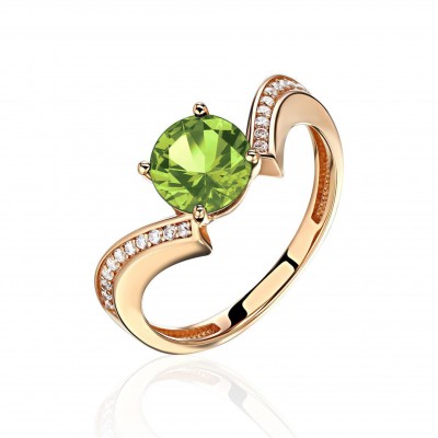 Кольцо с фианитом и хризолитом из красного золота 585 пробы фото