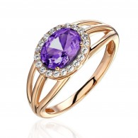 Кольцо с аметистом и  фианитом из красного золота 585 пробы фото