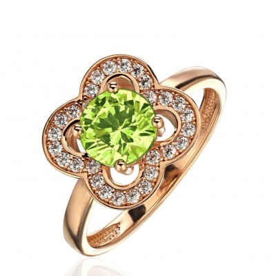 Кольцо с фианитом и хризолитом из красного золота 585 пробы фото