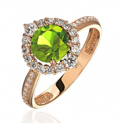 Кольцо с фианитом, хризолитом и  фианитом из красного золота 585 пробы фото