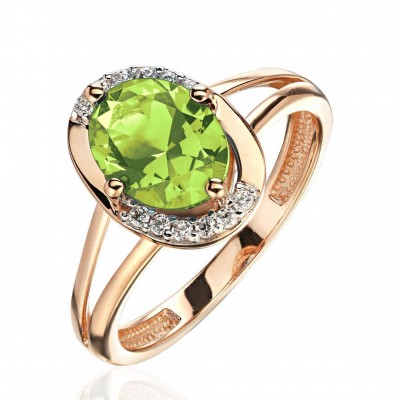 Кольцо с фианитом и хризолитом из красного золота 585 пробы фото