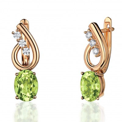 Серьги с фианитом и хризолитом из красного золота 585 пробы фото