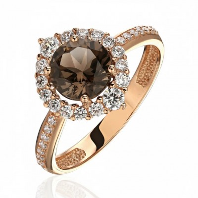 Кольцо с раухтопазом и  фианитом из красного золота 585 пробы фото