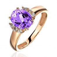 Кольцо с аметистом и  фианитом из красного золота 585 пробы фото