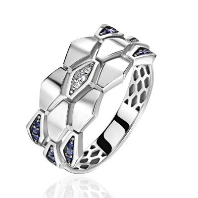 Кольцо с бриллиантом и сапфиром из белого золота 585 пробы фото