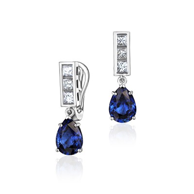 Серьги с бриллиантом и сапфиром из белого золота 750 пробы фото