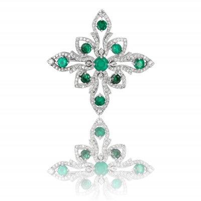 Броши и булавки с бриллиантом и изумрудом из белого золота 585 пробы фото