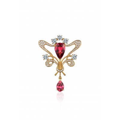 Броши и булавки с бриллиантом, сапфиром, турмалином и Рубеллит из желтого золота 750 пробы фото