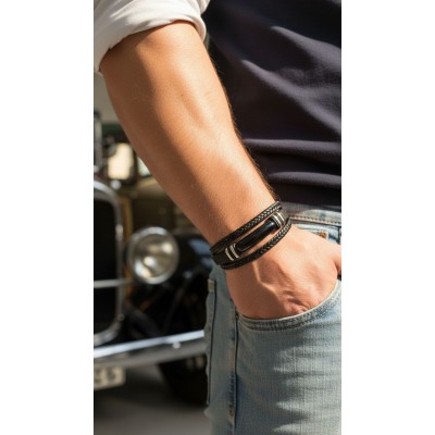 Браслет с ониксом и Кожа фото