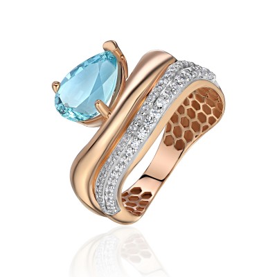 Кольцо с топазом и  фианитом из красного золота 585 пробы фото