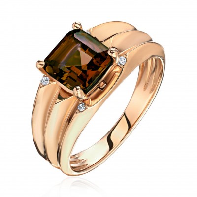Кольцо с раухтопазом и  фианитом из красного золота 585 пробы фото