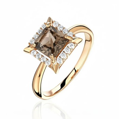 Кольцо с раухтопазом и  фианитом из красного золота 585 пробы фото