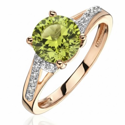 Кольцо с фианитом и хризолитом из красного золота 585 пробы фото