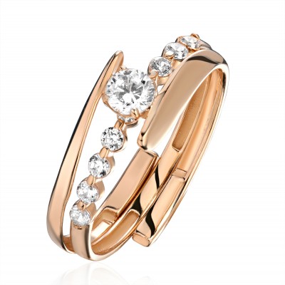 Кольцо с фианитом и  фианитом из красного золота 585 пробы фото