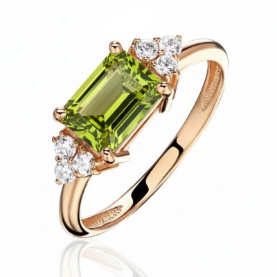 Кольцо с фианитом и хризолитом из красного золота 585 пробы фото