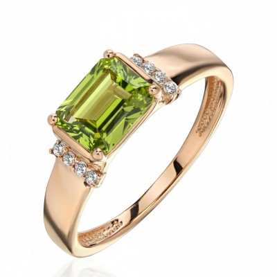 Кольцо с фианитом и хризолитом из красного золота 585 пробы фото