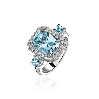 Кольцо с бриллиантом и аквамарином из белого золота 585 пробы фото