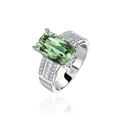 Кольцо с бриллиантом и турмалином из белого золота 585 пробы фото