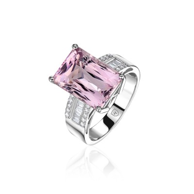 Кольцо с бриллиантом и Кунцит из белого золота 585 пробы фото