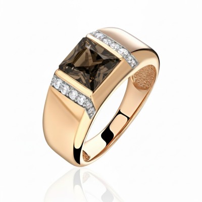 Кольцо с раухтопазом и  фианитом из красного золота 585 пробы фото