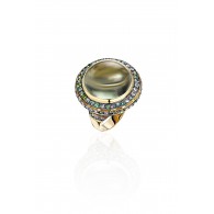 Кольцо с шпинелью, бриллиантом, сапфиром, турмалином, танзанитом и празиолитом из желтого золота 585 пробы фото