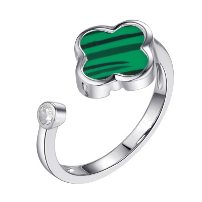 Кольцо с цирконом и малахитом из серебра 925 пробы фото