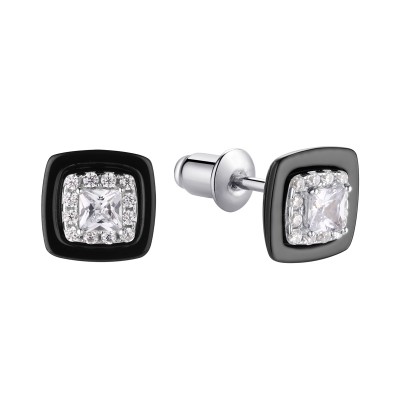Серьги с цирконом и керамикой из серебра 925 пробы фото