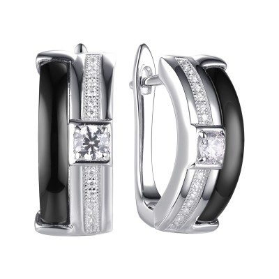 Серьги с цирконом и керамикой из серебра 925 пробы фото