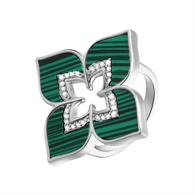 Кольцо с цирконом и малахитом из серебра 925 пробы фото